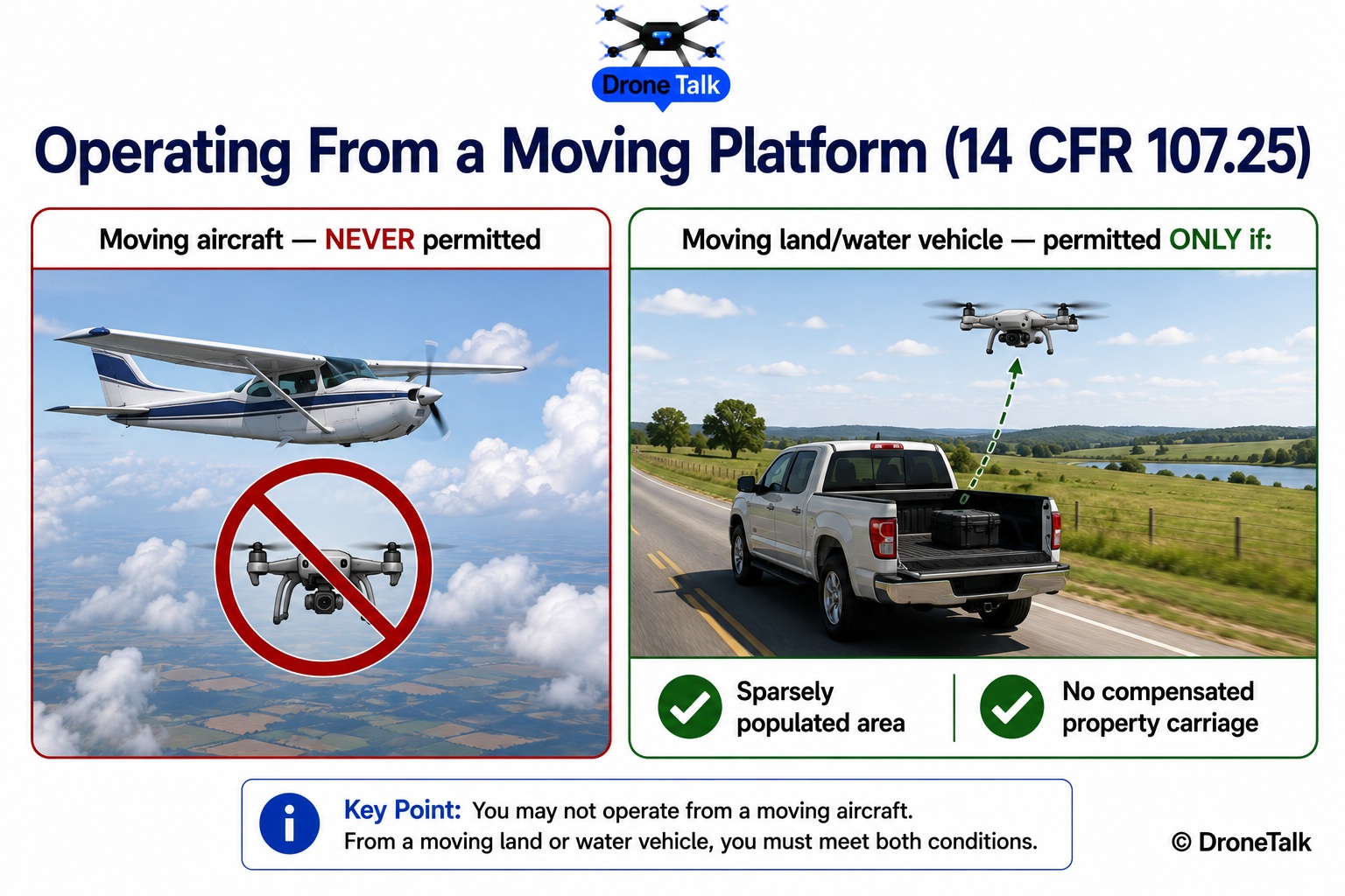 Decision diagram showing that operating from a moving aircraft is always prohibited, while operating from a moving land or water vehicle requires both a sparsely populated area and no compensated property carriage