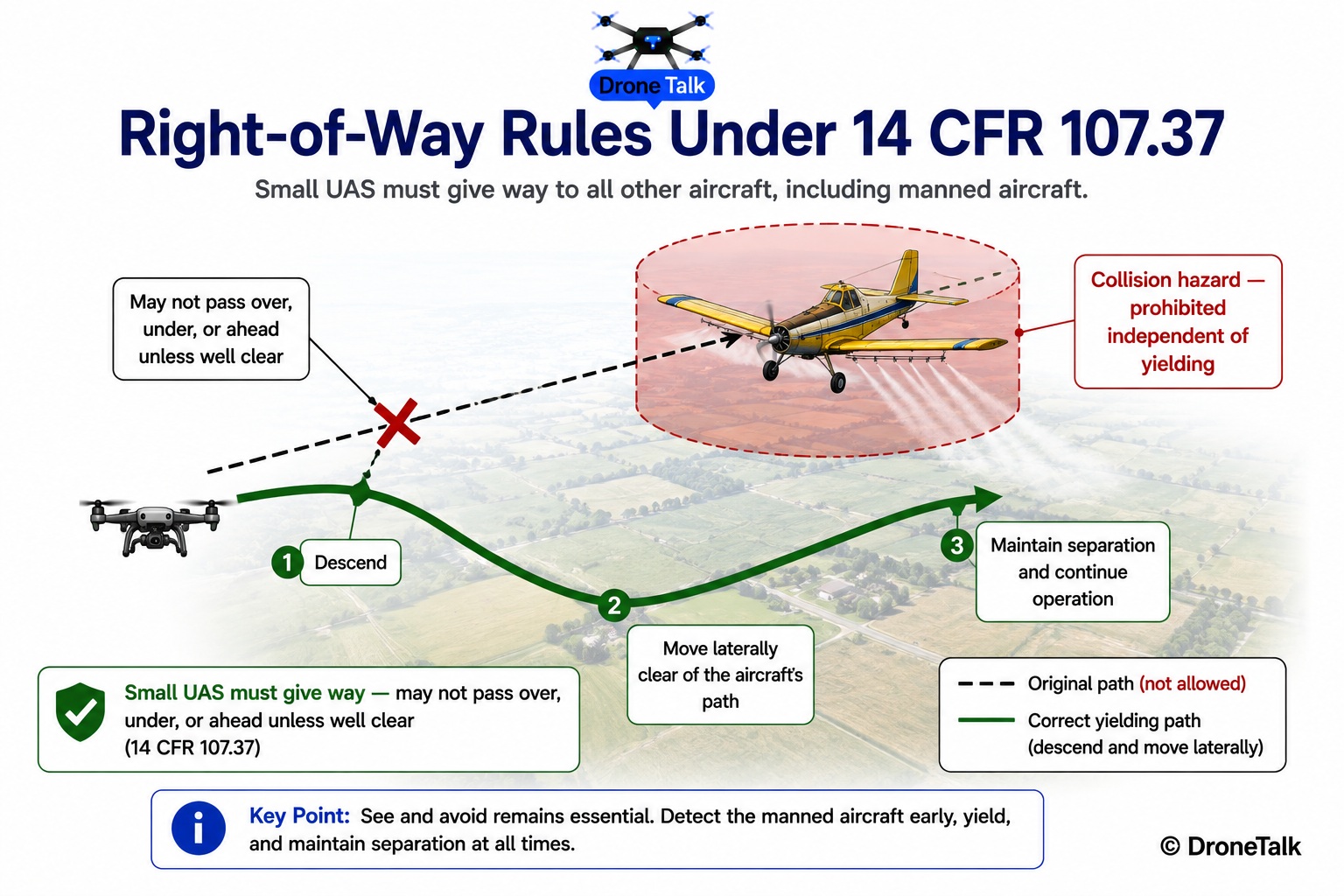 Diagram showing a small unmanned aircraft yielding by descending and moving laterally clear of an approaching manned aircraft's flight path, illustrating the 14 CFR 107.37 give-way requirement