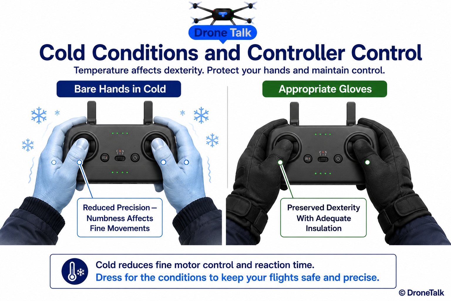 Diagram comparing two pairs of hands operating a drone controller. Left pair, labeled Bare Hands in Cold, shown with a blue tint and small snowflake icons, with a callout arrow pointing to the control sticks reading Reduced Precision, Numbness Affects Fine Movements. Right pair, labeled Appropriate Gloves, shown gripping the same controller with a callout reading Preserved Dexterity With Adequate Insulation