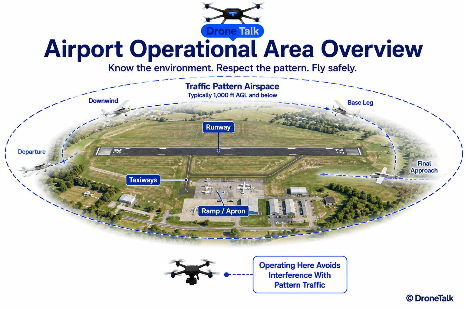 Aerial overview diagram of a small airport showing a labeled runway, taxiways, and ramp/apron area at the center, surrounded by a large dashed oval boundary labeled Traffic Pattern Airspace, with several small manned aircraft icons at low altitude within the dashed boundary on final approach and departure paths, and a drone icon shown well outside and below the dashed boundary with a callout reading Operating Here Avoids Interference With Pattern Traffic